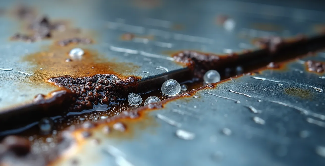 Macro view of vehicle rocker panel pinch weld showing salt crystal accumulation