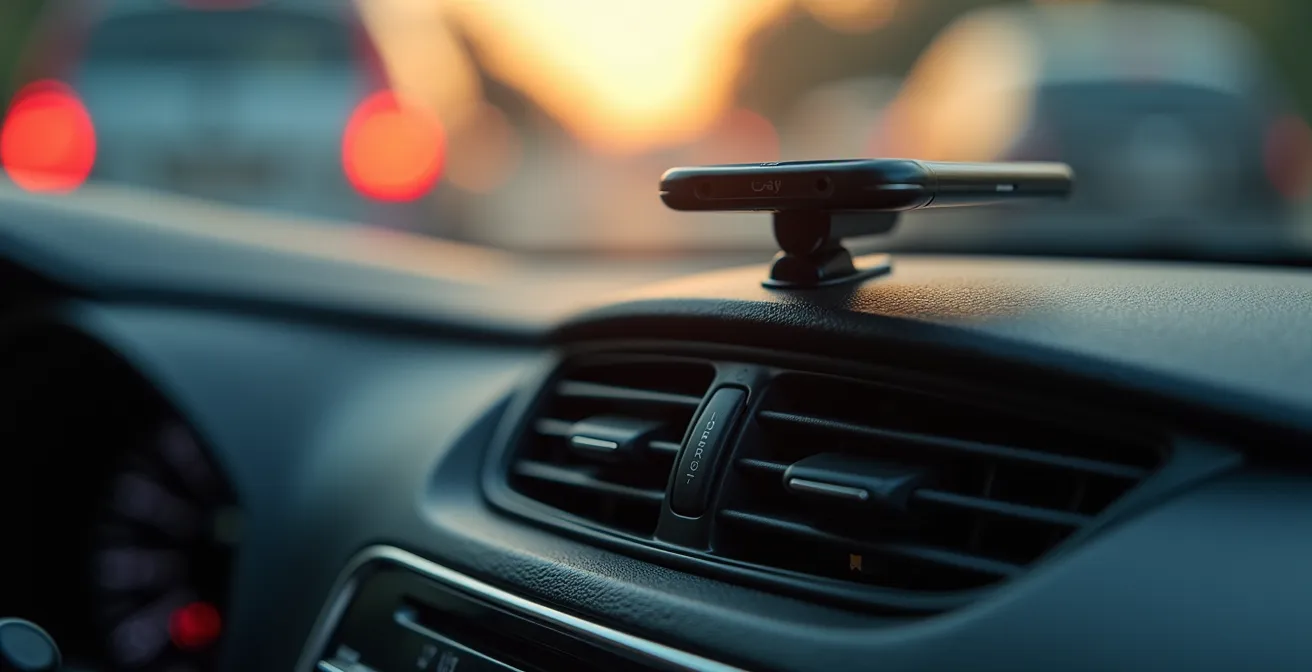 Close-up of a car dashboard with mounted device showing navigation map while driving on highway