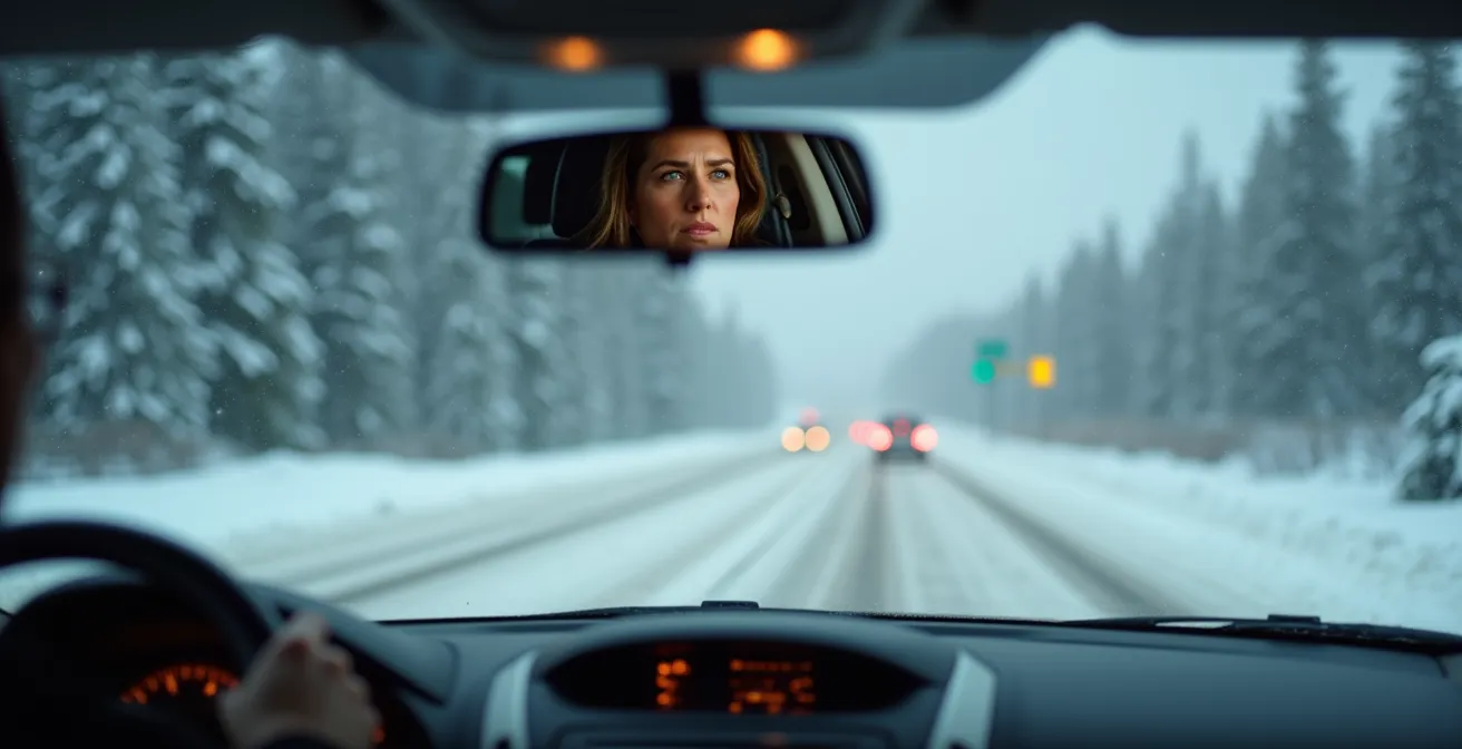 Camera view of snow-obscured lane markings on Canadian highway