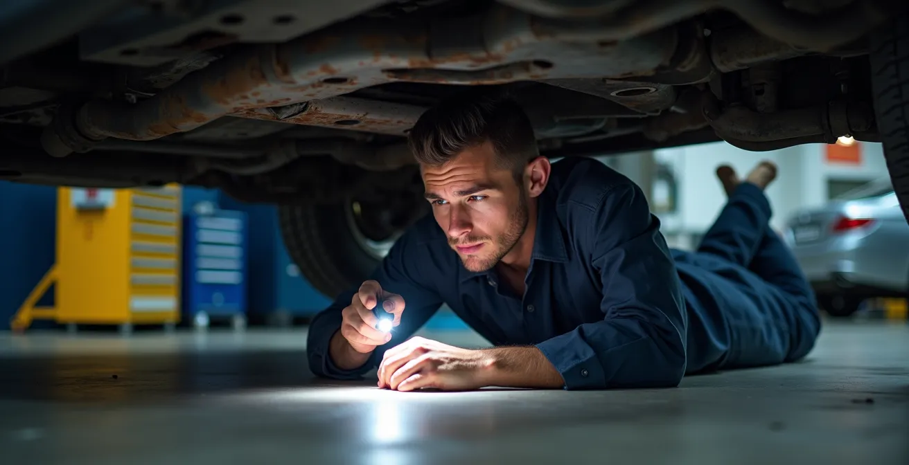 Detailed view of vehicle undercarriage showing rust inspection points during safety certification