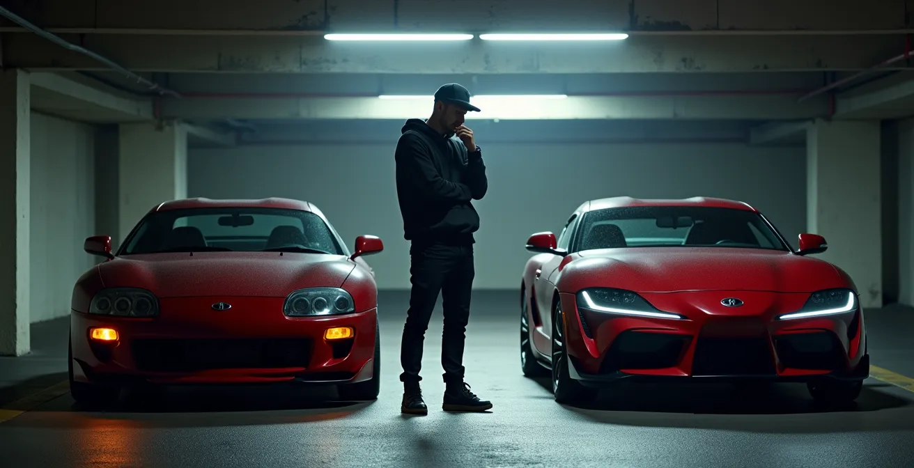 Toyota Supra Mk4 classic alongside modern Supra in Canadian setting highlighting value contrast