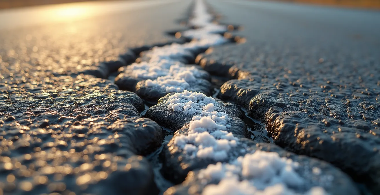 Extreme close-up of dark tar-filled cracks on sun-bleached asphalt creating false lane patterns