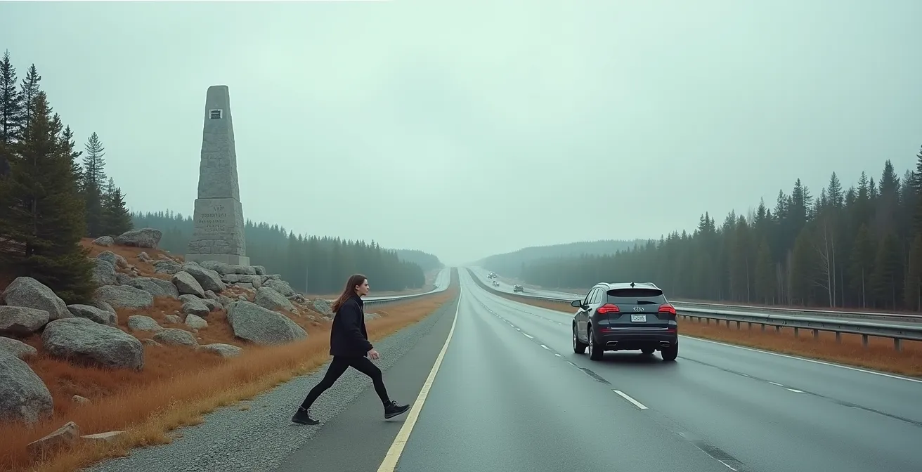 Driver performing gentle back stretches at a Canadian highway rest stop, with a monument visible in the background.
