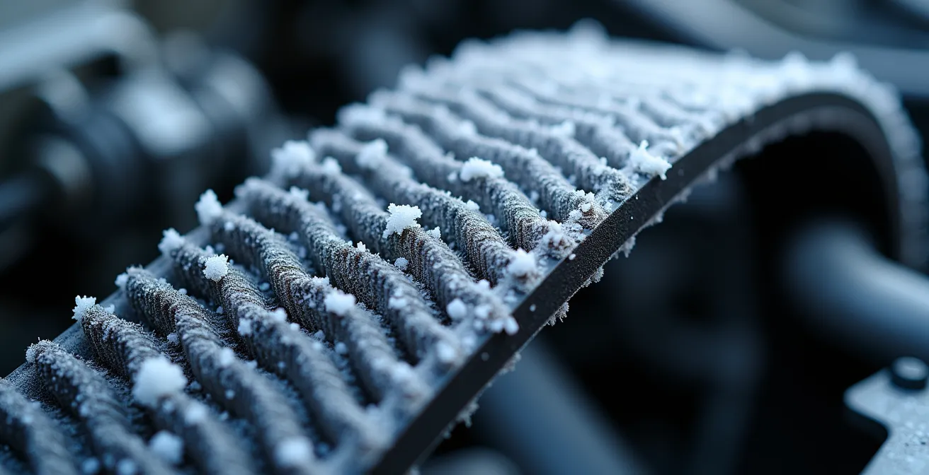 Extreme close-up of rubber timing belt showing cold weather micro-cracks