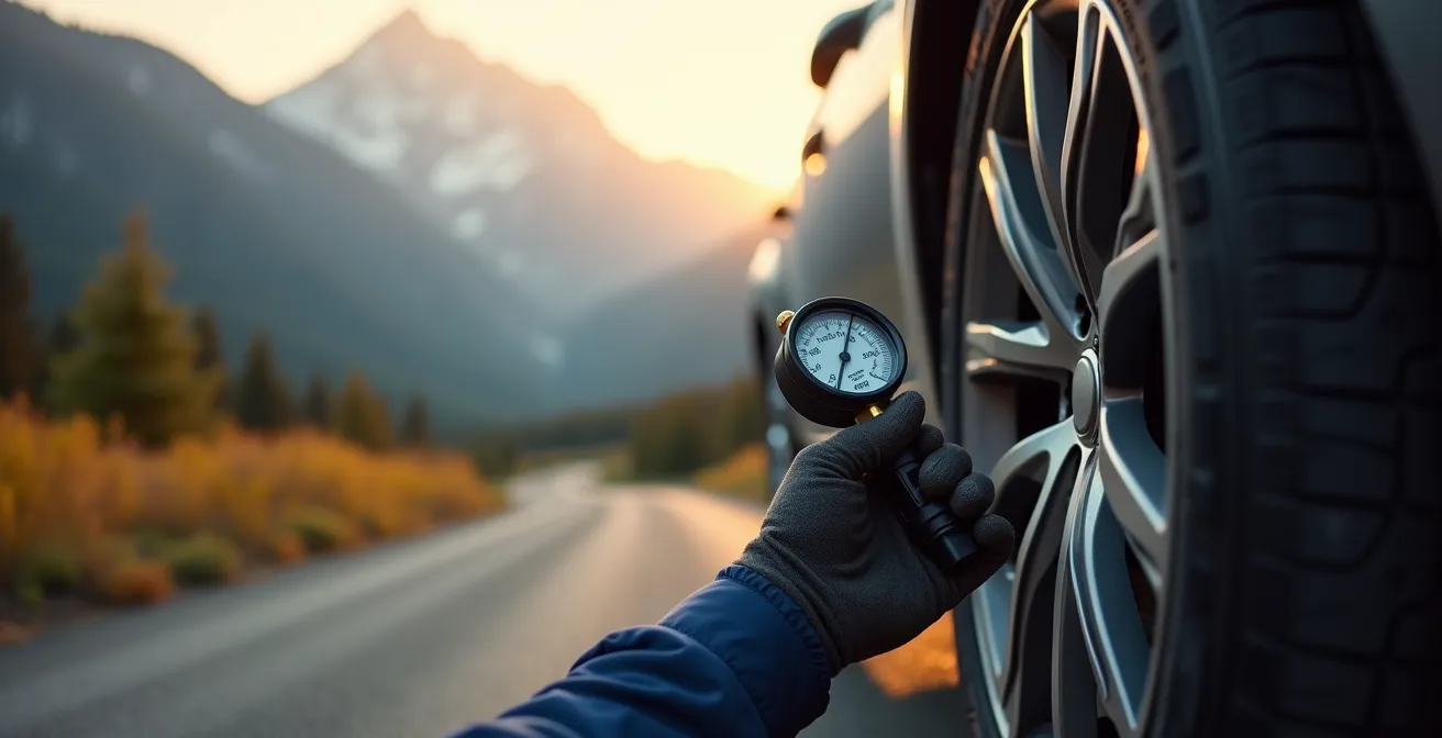 A person's gloved hands checking tire pressure on a performance car with a professional gauge, set against a backdrop of the Canadian Rocky Mountains at golden hour.