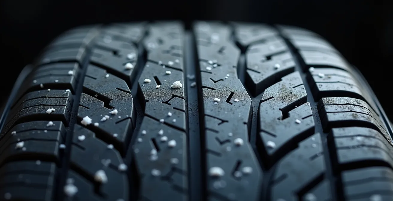 Macro comparison of winter and all-weather tire tread patterns