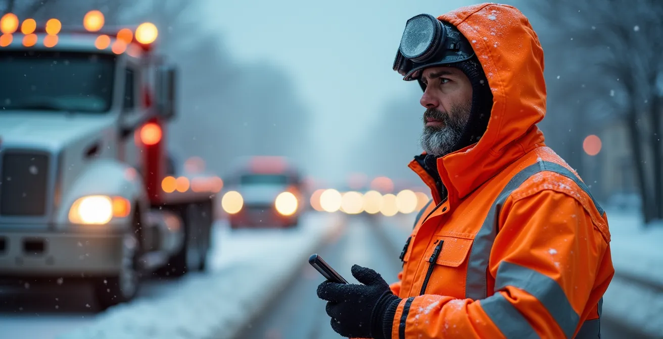 Heavy-duty tow truck working in extreme winter conditions on Canadian highway