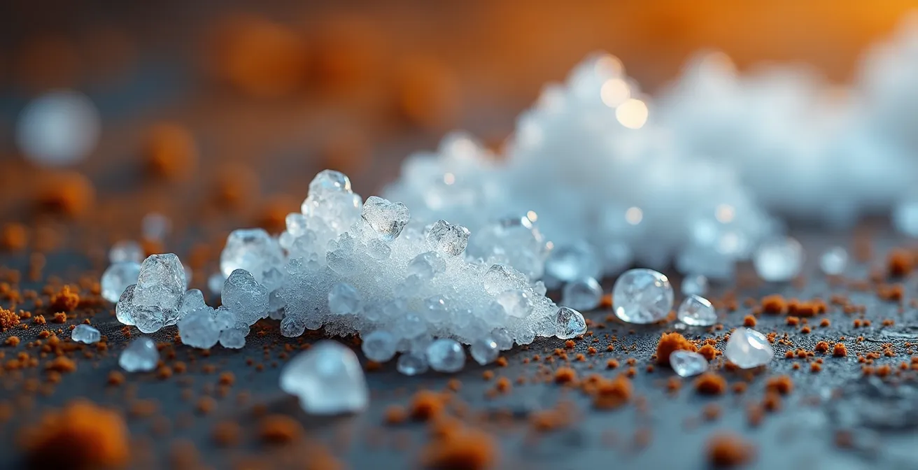 Extreme close-up of crystallized road salt on vehicle undercarriage metal surface