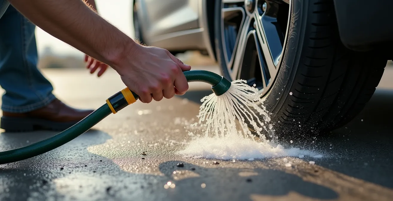 Garden hose with undercarriage water broom attachment flushing vehicle underside