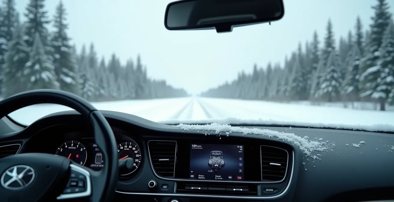 Wide shot of vehicle interior showing dashboard area during winter conditions