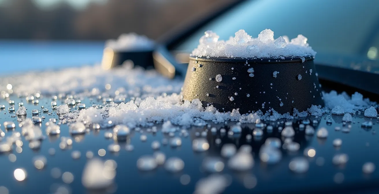 Extreme close-up of salt crystals accumulating on vehicle radar sensor surface