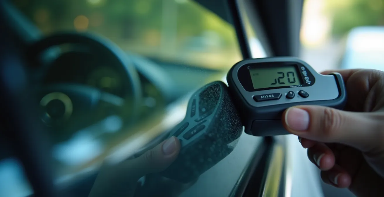 Close-up of VLT meter measuring window tint transparency during vehicle inspection