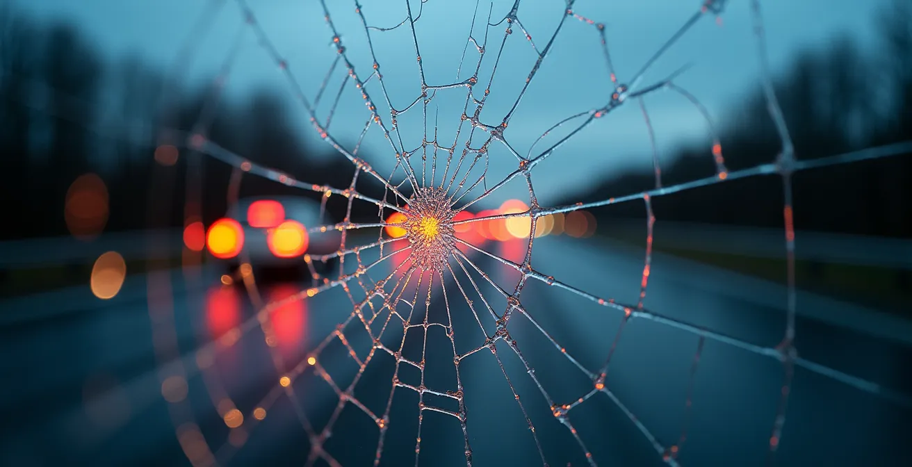 Extreme close-up of windshield crack pattern with Canadian highway reflection