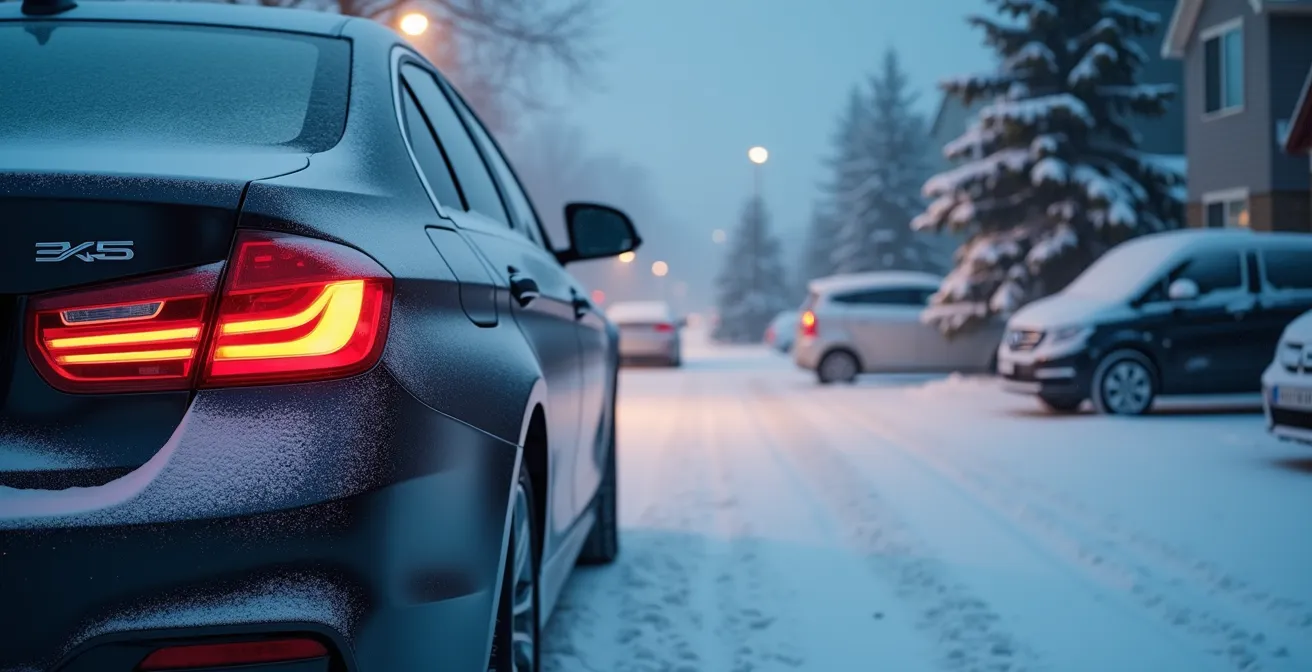 Wide shot of snow-covered car with remote starter activation in Canadian winter parking lot