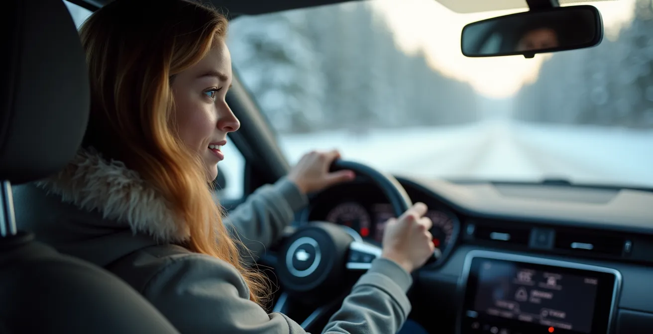 Young professional driver on snowy Canadian highway with confidence